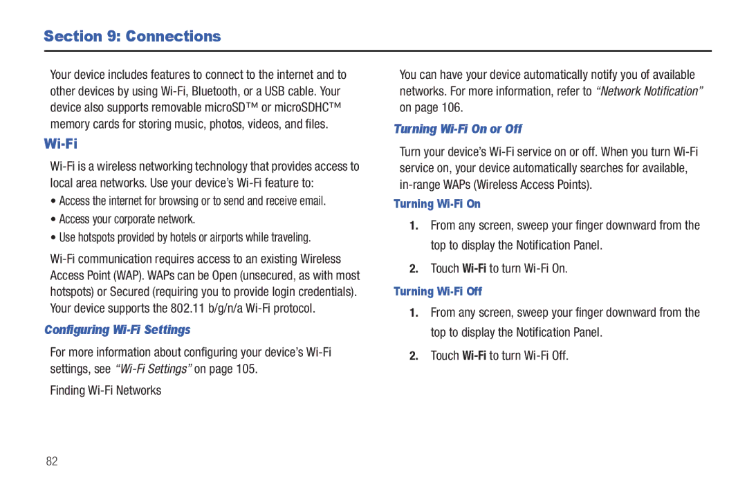 Samsung YP-G1CWY user manual Connections, Configuring Wi-Fi Settings, Turning Wi-Fi On or Off 