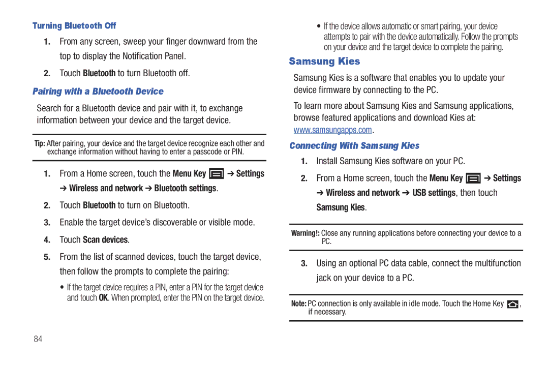 Samsung YP-G1CWY user manual Pairing with a Bluetooth Device, Connecting With Samsung Kies 