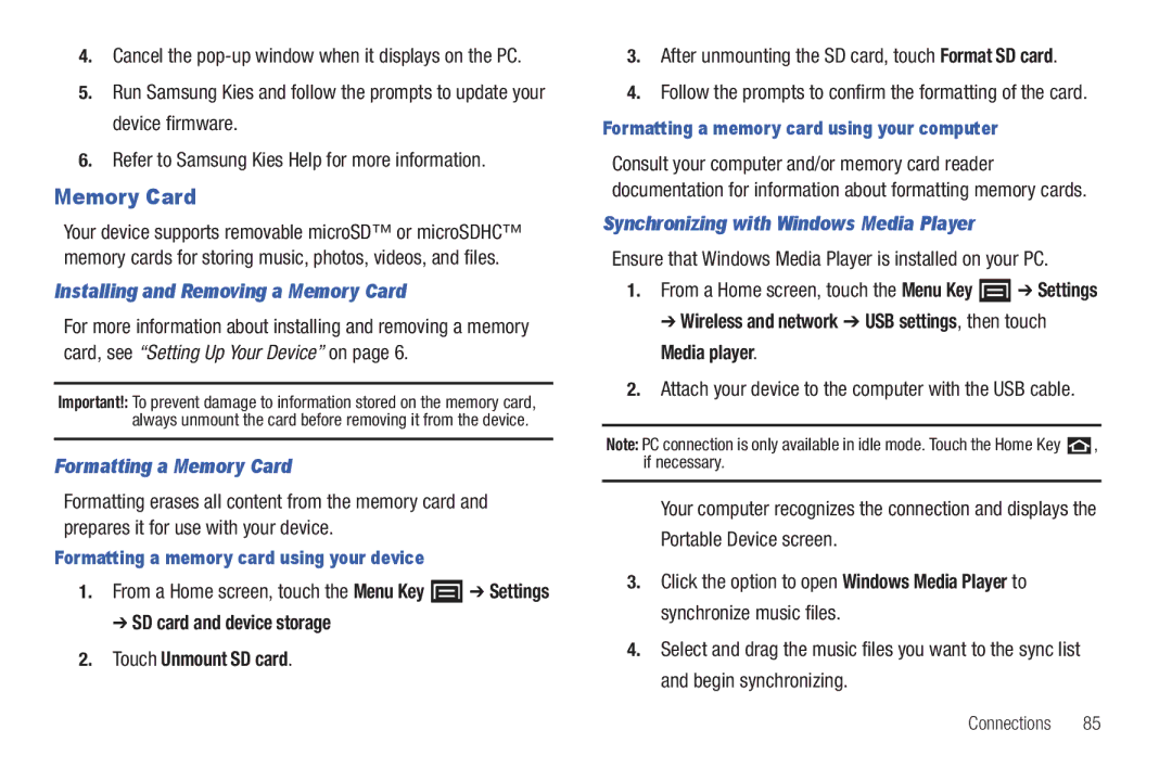 Samsung YP-G1CWY user manual Installing and Removing a Memory Card, Formatting a Memory Card 