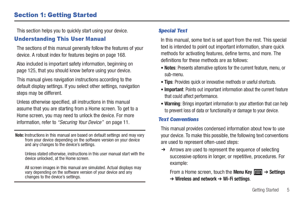 Samsung YP-G1CWY user manual Getting Started, This section helps you to quickly start using your device, Special Text 