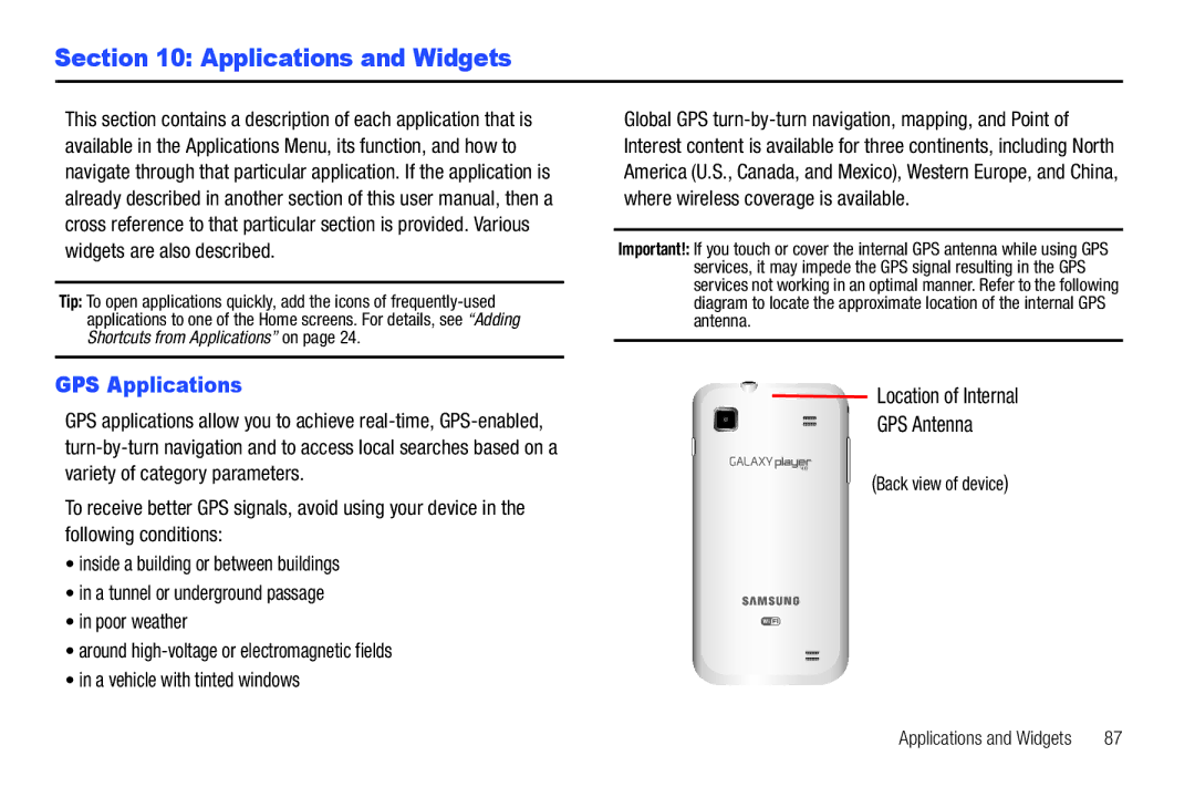 Samsung YP-G1CWY user manual Applications and Widgets, GPS Applications, Back view of device 