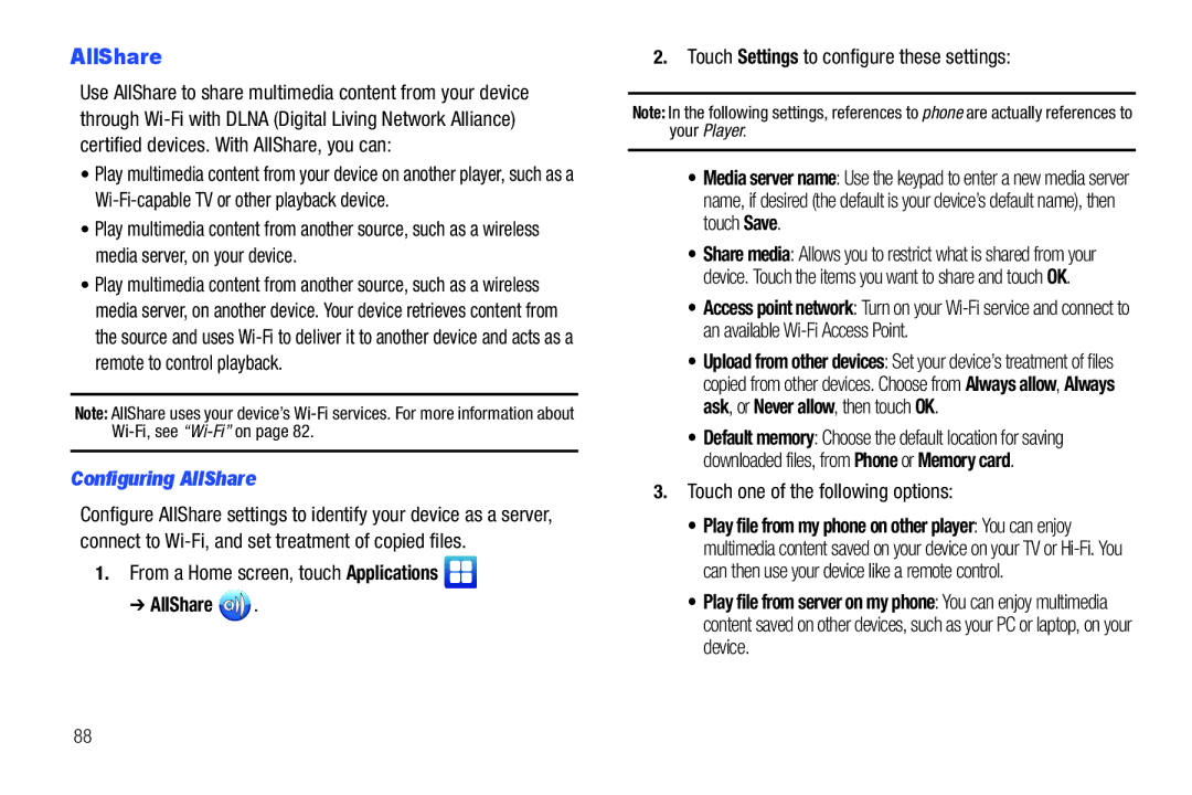 Samsung YP-G1CWY Configuring AllShare, Touch Settings to configure these settings, Touch one of the following options 