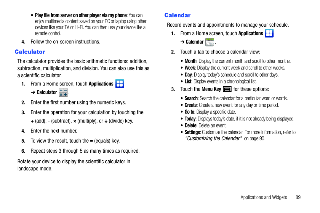 Samsung YP-G1CWY user manual Calculator, Calendar 