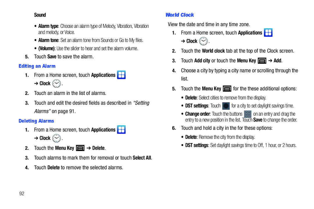 Samsung YP-G1CWY user manual Sound, Clock Touch the Menu Key Delete, World Clock 