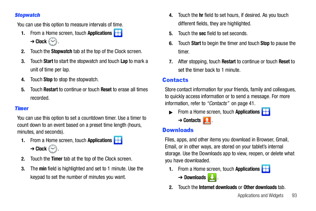 Samsung YP-G1CWY user manual Downloads, Stopwatch, Touch the Timer tab at the top of the Clock screen 