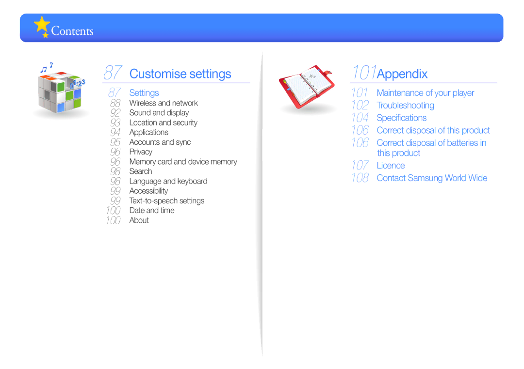 Samsung YP-G50CWS/EDC, YP-G50CW/EDC, YP-G50CW/XEU manual Customise settings, Correct disposal of this product 