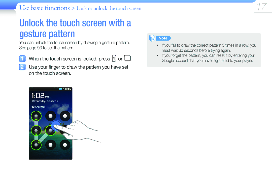 Samsung YP-G50CW/XEU, YP-G50CW/EDC, YP-G50CWS/EDC manual Unlock the touch screen with a gesture pattern 