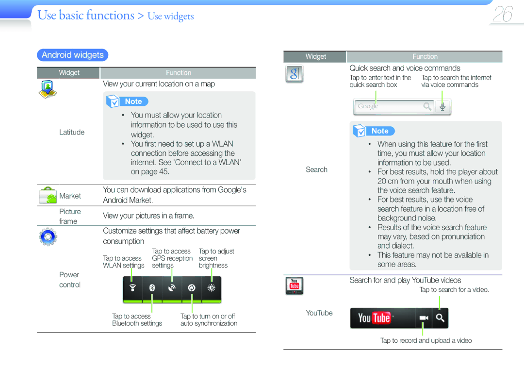 Samsung YP-G50CW/XEU, YP-G50CW/EDC, YP-G50CWS/EDC manual Android widgets 