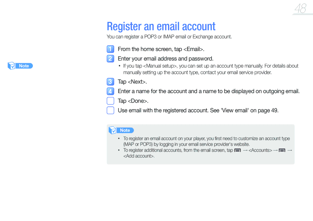 Samsung YP-G50CWS/EDC, YP-G50CW/EDC Register an email account, You can register a POP3 or Imap email or Exchange account 