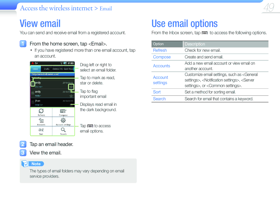 Samsung YP-G50CW/EDC View email, Use email options, Access the wireless internet Email, From the home screen, tap Email 