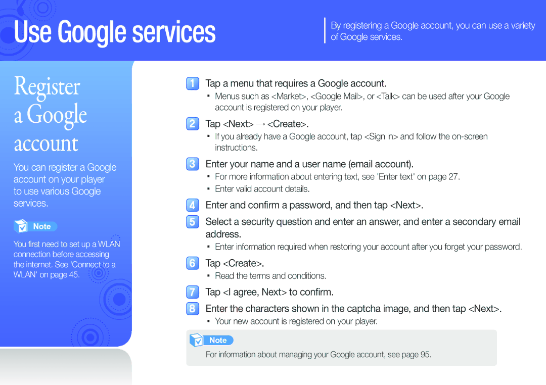 Samsung YP-G50CW/XEU, YP-G50CW/EDC manual Register, Tap a menu that requires a Google account, Tap Next → Create, Tap Create 