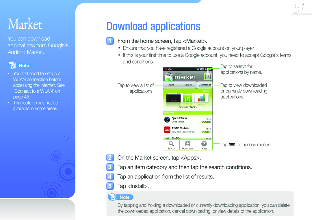 Samsung YP-G50CWS/EDC, YP-G50CW/EDC, YP-G50CW/XEU manual Download applications, From the home screen, tap Market 