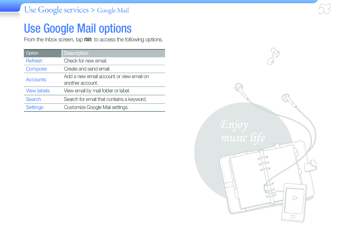 Samsung YP-G50CW/XEU, YP-G50CW/EDC, YP-G50CWS/EDC Use Google Mail options, Use Google services Google Mail, View labels 