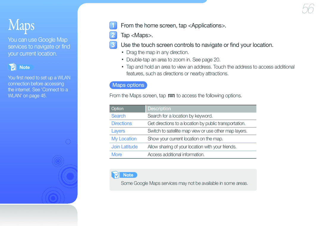 Samsung YP-G50CW/XEU, YP-G50CW/EDC, YP-G50CWS/EDC manual From the Maps screen, tap To access the following options 