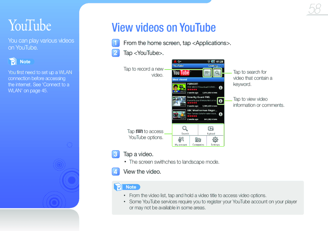 Samsung YP-G50CW/EDC manual View videos on YouTube, From the home screen, tap Applications. Tap YouTube, Tap a video 