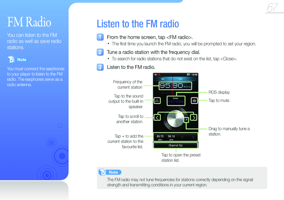 Samsung YP-G50CW/EDC, YP-G50CW/XEU, YP-G50CWS/EDC manual FM Radio, Listen to the FM radio, From the home screen, tap FM radio 