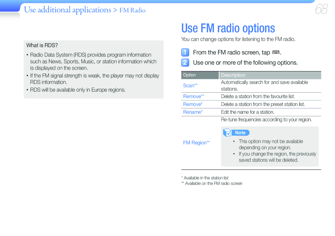 Samsung YP-G50CW/XEU, YP-G50CW/EDC, YP-G50CWS/EDC Use FM radio options, Use additional applications FM Radio, What is RDS? 