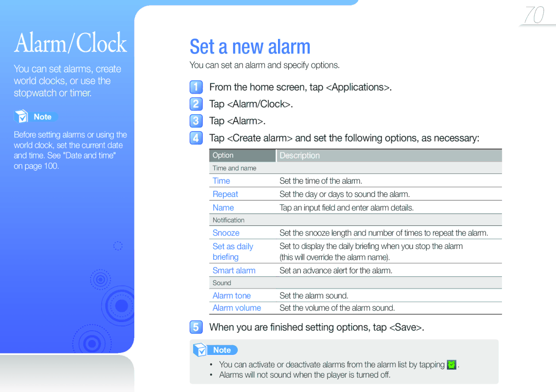 Samsung YP-G50CW/EDC, YP-G50CW/XEU manual Alarm/Clock, Set a new alarm, When you are finished setting options, tap Save 