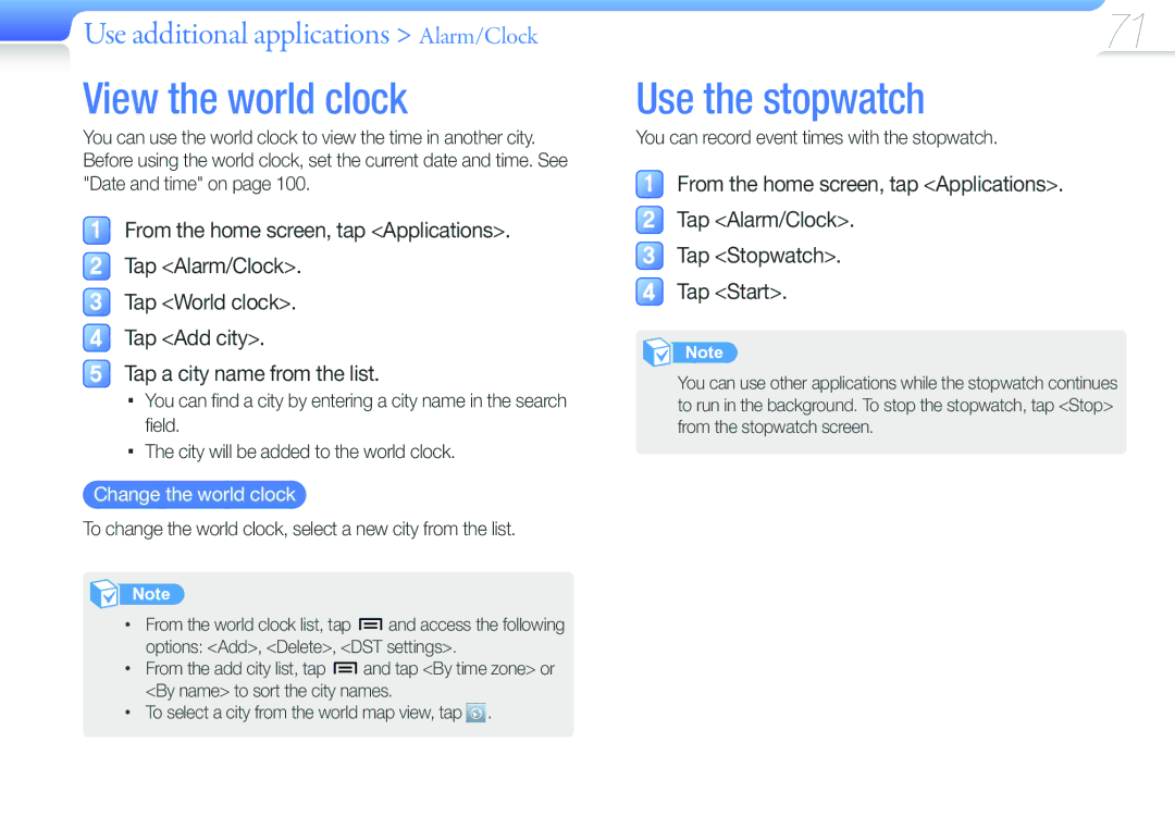 Samsung YP-G50CW/XEU, YP-G50CW/EDC manual View the world clock, Use the stopwatch, Use additional applications Alarm/Clock 
