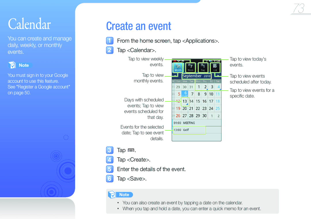 Samsung YP-G50CW/EDC, YP-G50CW/XEU, YP-G50CWS/EDC Create an event, From the home screen, tap Applications, Tap Calendar 