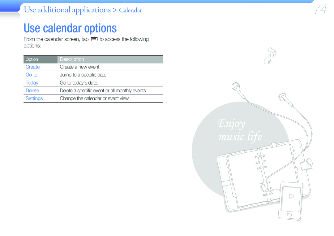 Samsung YP-G50CW/XEU, YP-G50CW/EDC, YP-G50CWS/EDC Use calendar options, Use additional applications Calendar, Go to, Today 