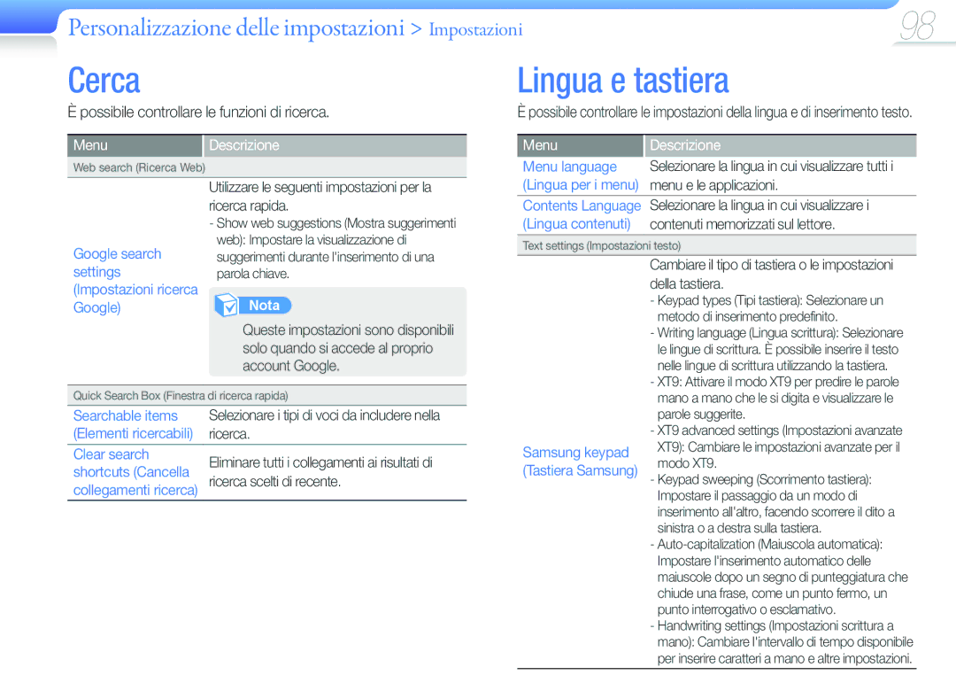 Samsung YP-G50CW/EDC, YP-G50CW/XEU manual Cerca, Lingua e tastiera, Possibile controllare le funzioni di ricerca 