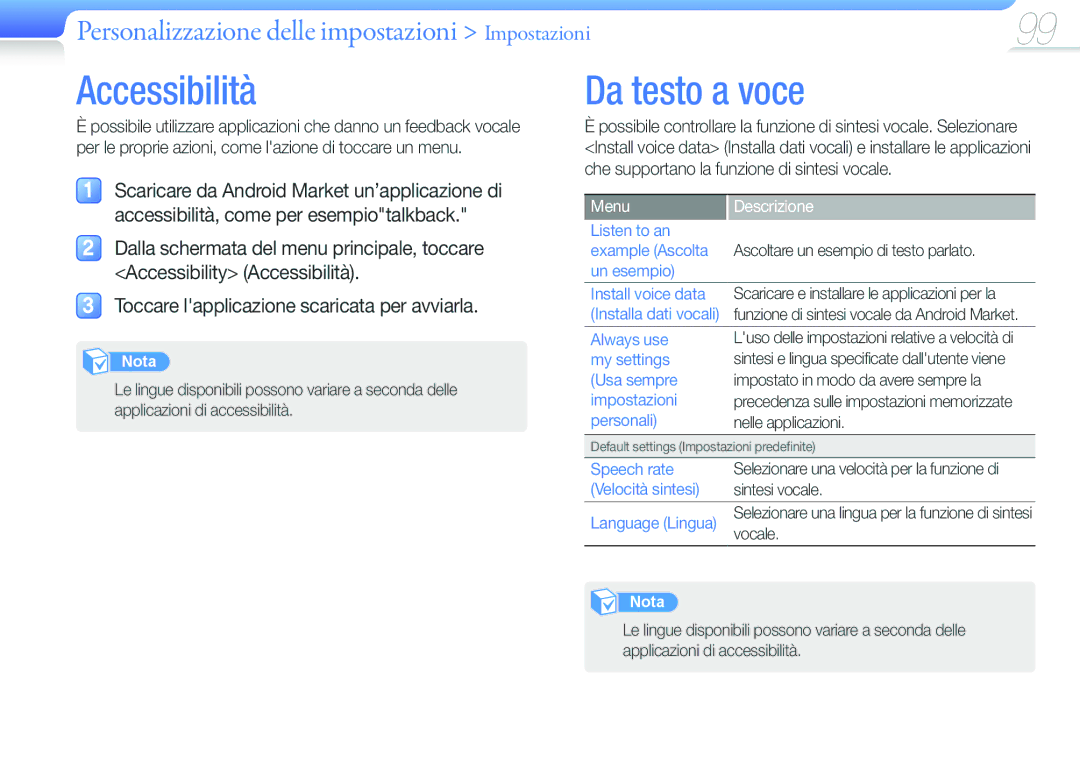 Samsung YP-G50CW/XEU, YP-G50CW/EDC manual Accessibilità, Da testo a voce, Toccare lapplicazione scaricata per avviarla 