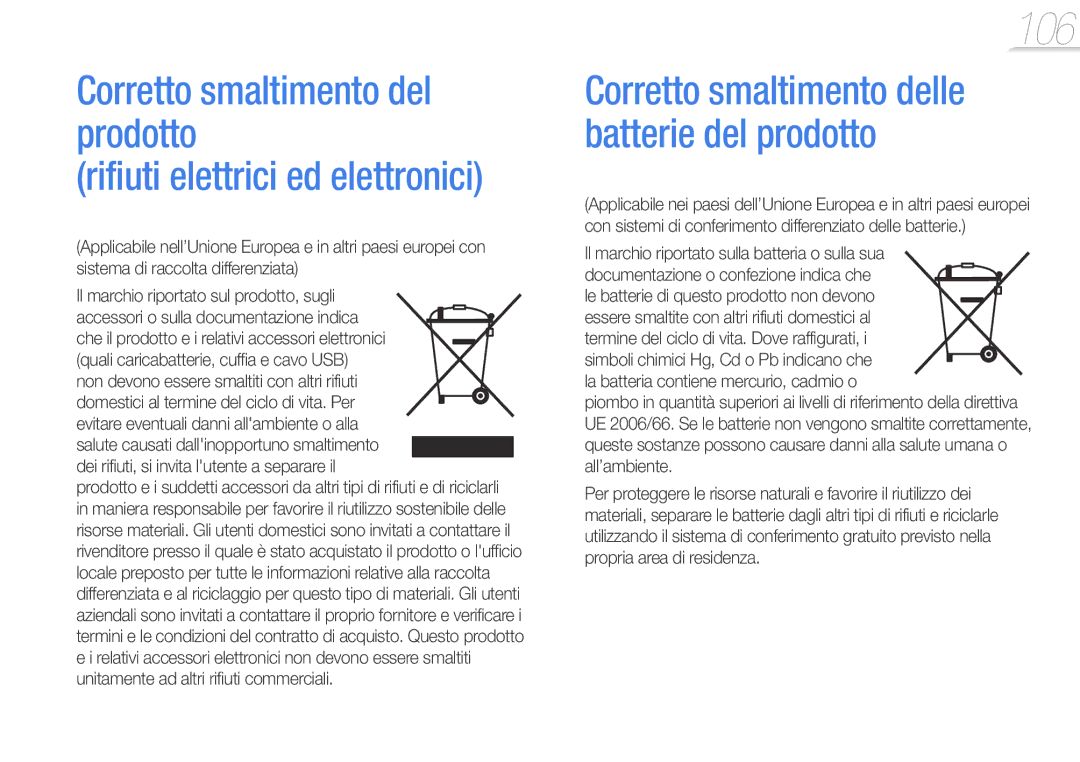 Samsung YP-G50CW/EDC, YP-G50CW/XEU manual Rifiuti elettrici ed elettronici, Non devono essere smaltiti con altri rifiuti 