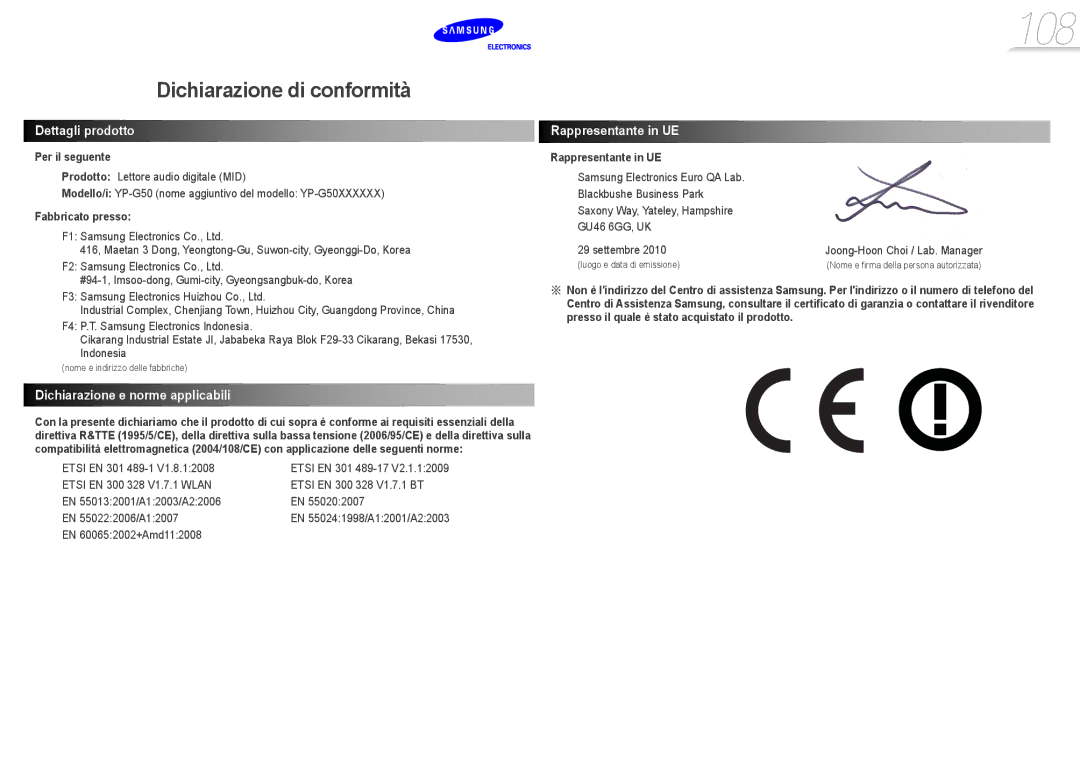 Samsung YP-G50CW/EDC, YP-G50CW/XEU manual 108 