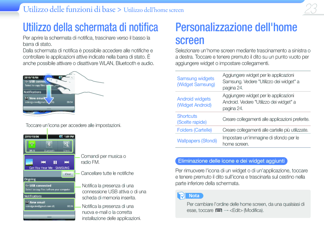 Samsung YP-G50CW/XEU, YP-G50CW/EDC manual Personalizzazione dellhome screen, Eliminazione delle icone e dei widget aggiunti 