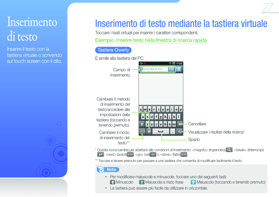 Samsung YP-G50CW/XEU, YP-G50CW/EDC manual Inserimento di testo, Tastiera Qwerty, Simile alla tastiera del PC 