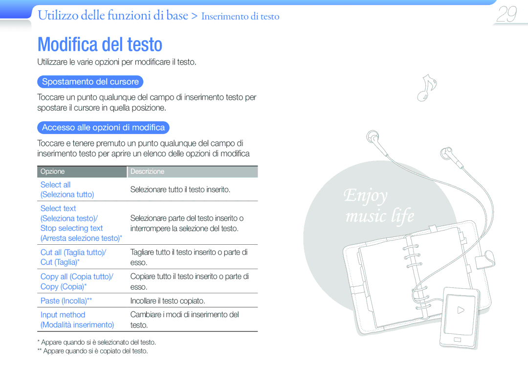 Samsung YP-G50CW/XEU Modifica del testo, Utilizzare le varie opzioni per modificare il testo, Spostamento del cursore 