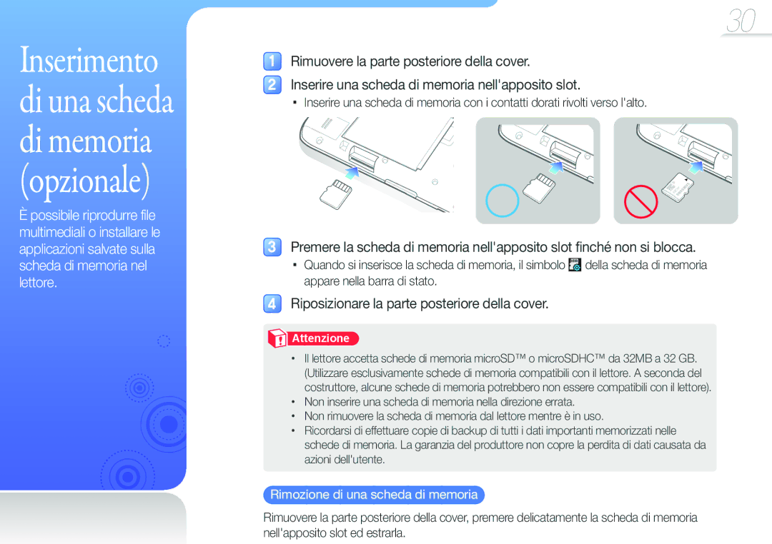 Samsung YP-G50CW/EDC, YP-G50CW/XEU manual Inserimento di una scheda di memoria opzionale, Rimozione di una scheda di memoria 