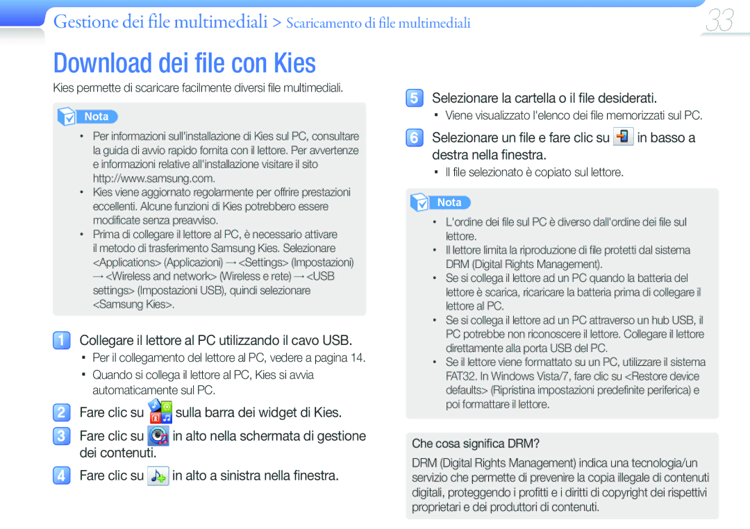 Samsung YP-G50CW/XEU, YP-G50CW/EDC manual Download dei file con Kies, Collegare il lettore al PC utilizzando il cavo USB 