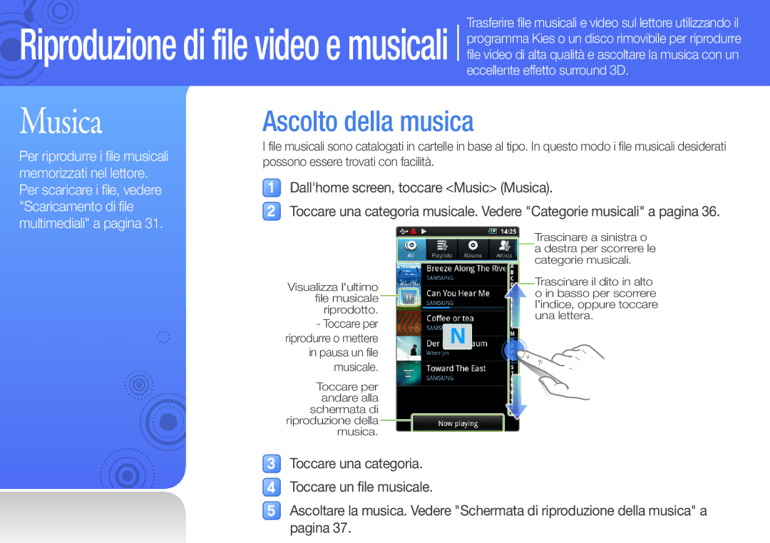 Samsung YP-G50CW/XEU, YP-G50CW/EDC manual Ascolto della musica, Dallhome screen, toccare Music Musica 