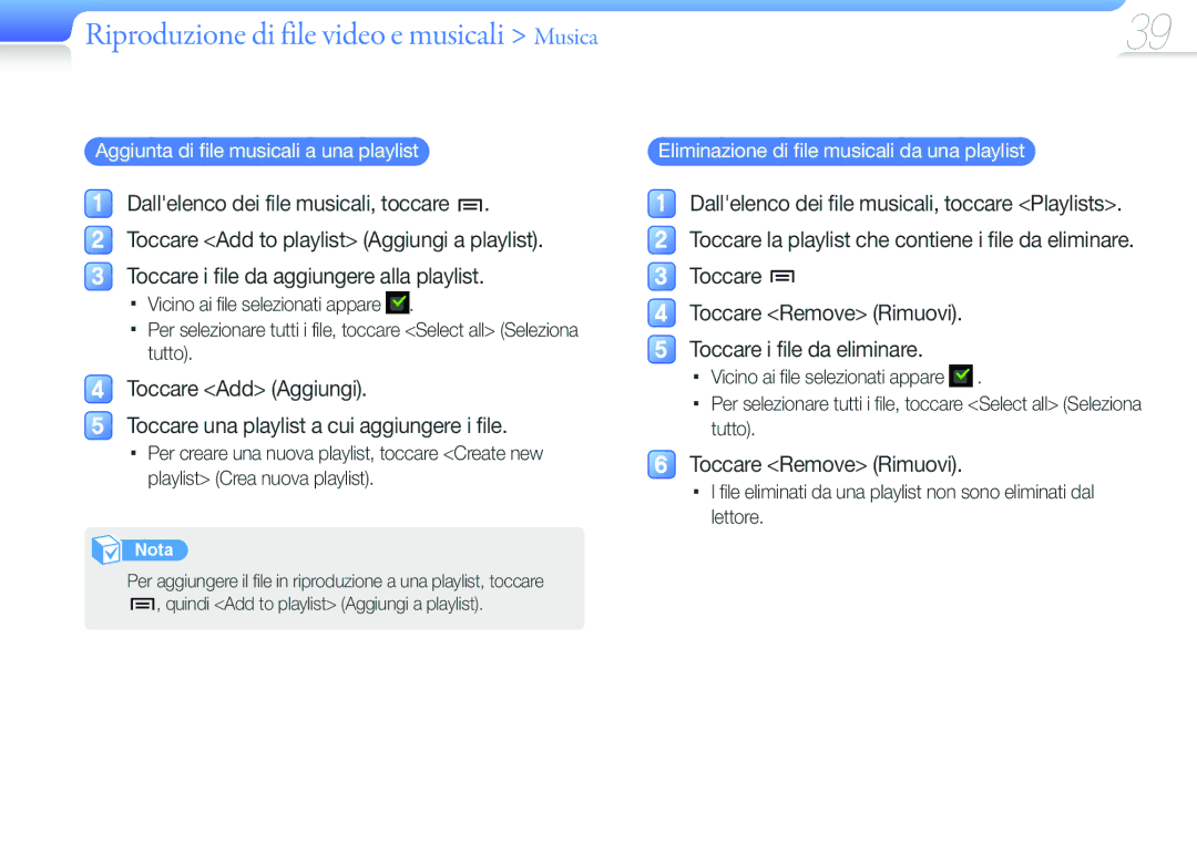 Samsung YP-G50CW/XEU, YP-G50CW/EDC manual Toccare Remove Rimuovi, Aggiunta di file musicali a una playlist 