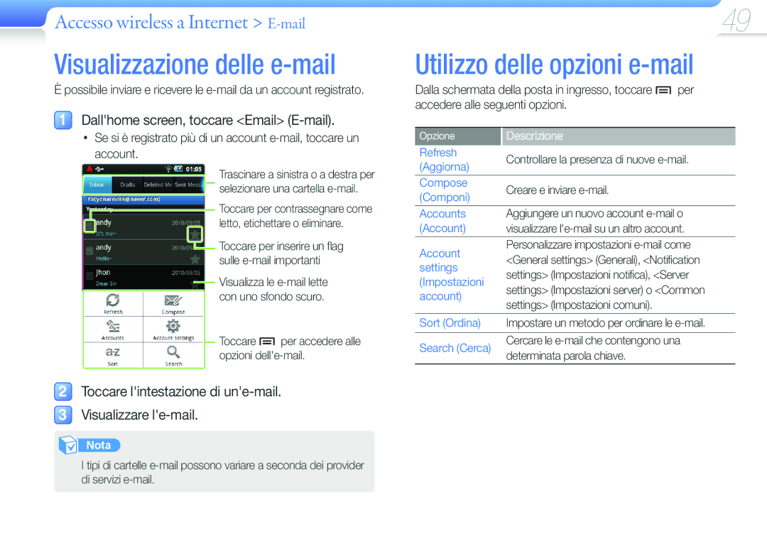 Samsung YP-G50CW/XEU manual Visualizzazione delle e-mail, Utilizzo delle opzioni e-mail, Accesso wireless a Internet E-mail 