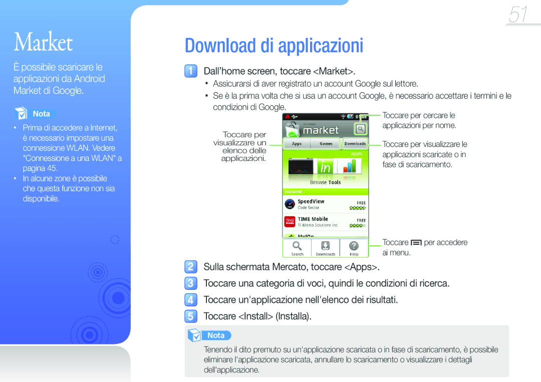 Samsung YP-G50CW/XEU Download di applicazioni, Dall’home screen, toccare Market, Sulla schermata Mercato, toccare Apps 