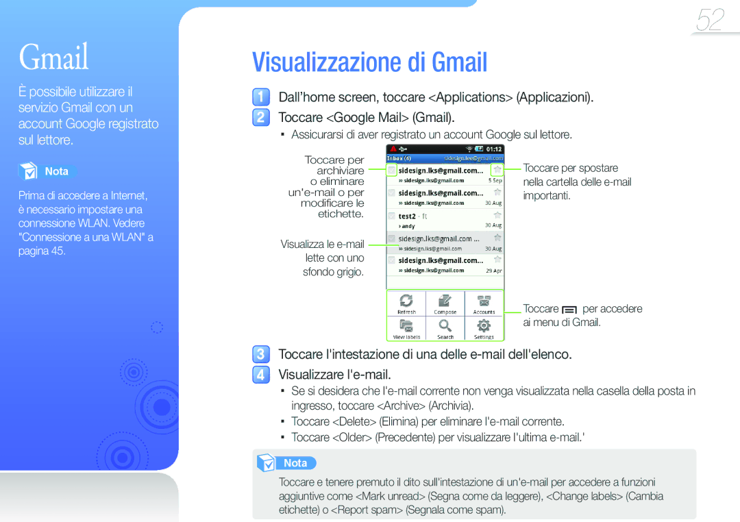 Samsung YP-G50CW/EDC, YP-G50CW/XEU manual Visualizzazione di Gmail 