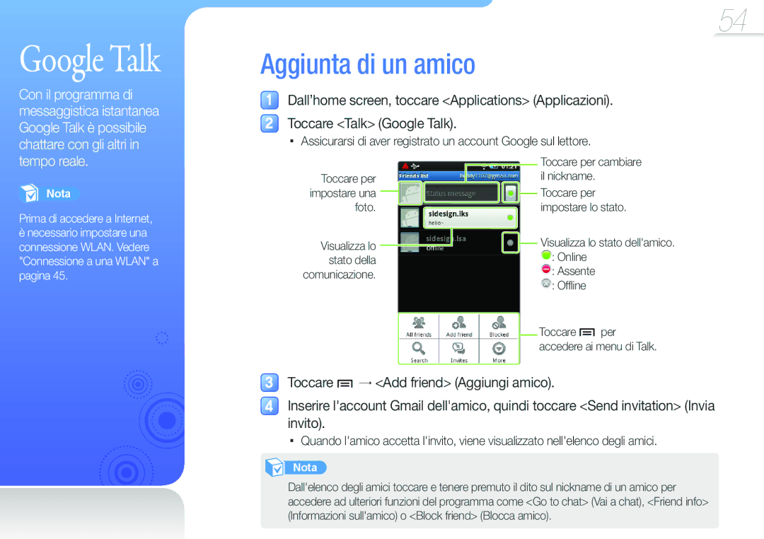 Samsung YP-G50CW/EDC, YP-G50CW/XEU manual Google Talk, Aggiunta di un amico 