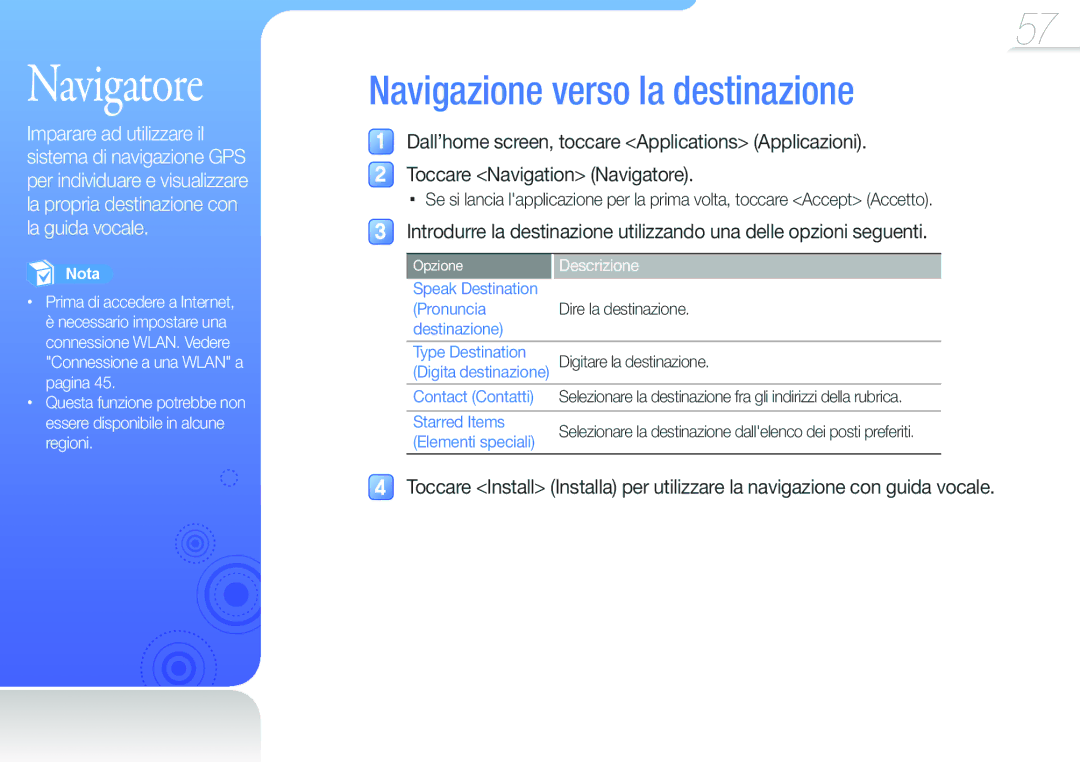 Samsung YP-G50CW/XEU, YP-G50CW/EDC manual Navigatore, Navigazione verso la destinazione 