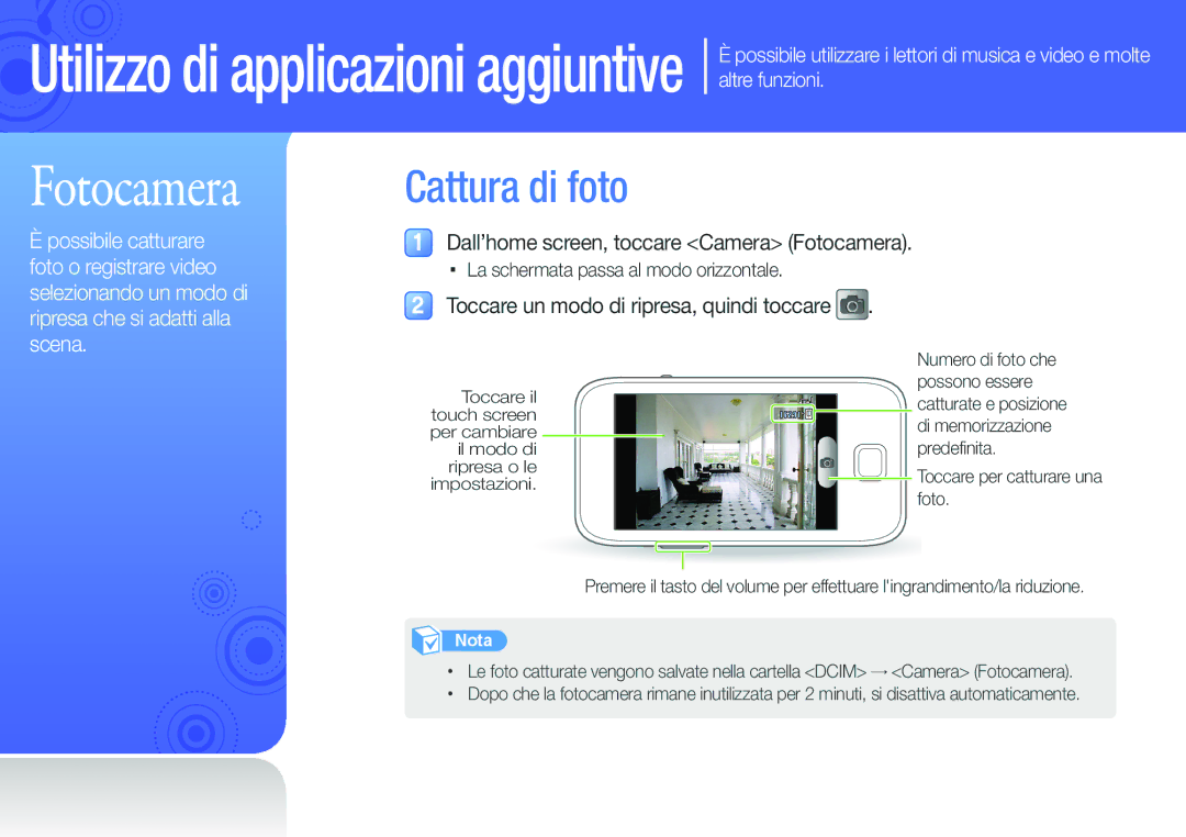 Samsung YP-G50CW/EDC, YP-G50CW/XEU manual Cattura di foto, Dall’home screen, toccare Camera Fotocamera 