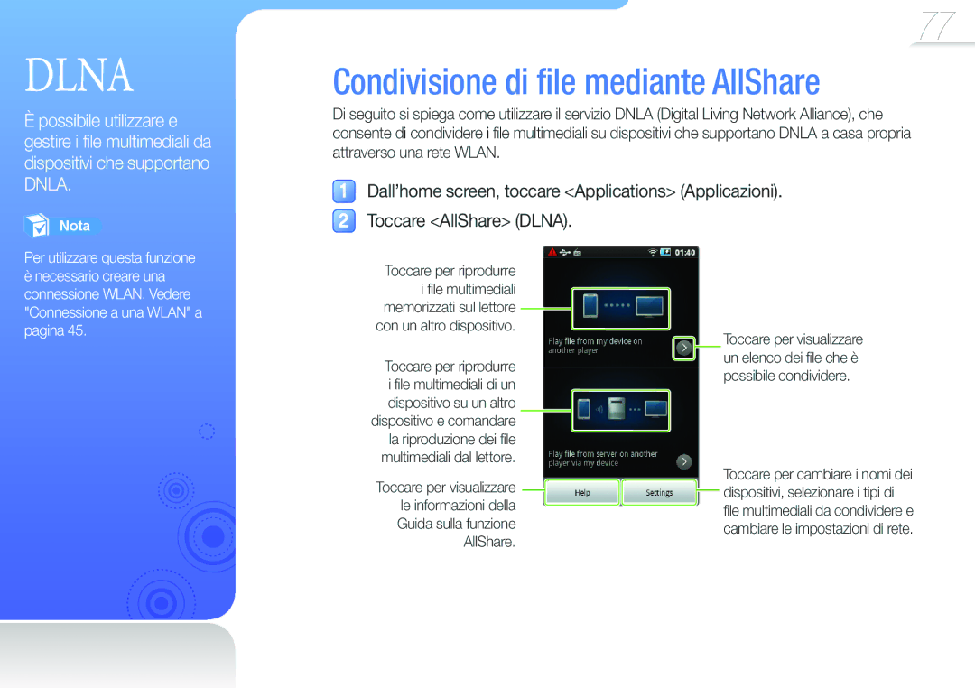 Samsung YP-G50CW/XEU, YP-G50CW/EDC manual Condivisione di file mediante AllShare, Toccare AllShare Dlna 