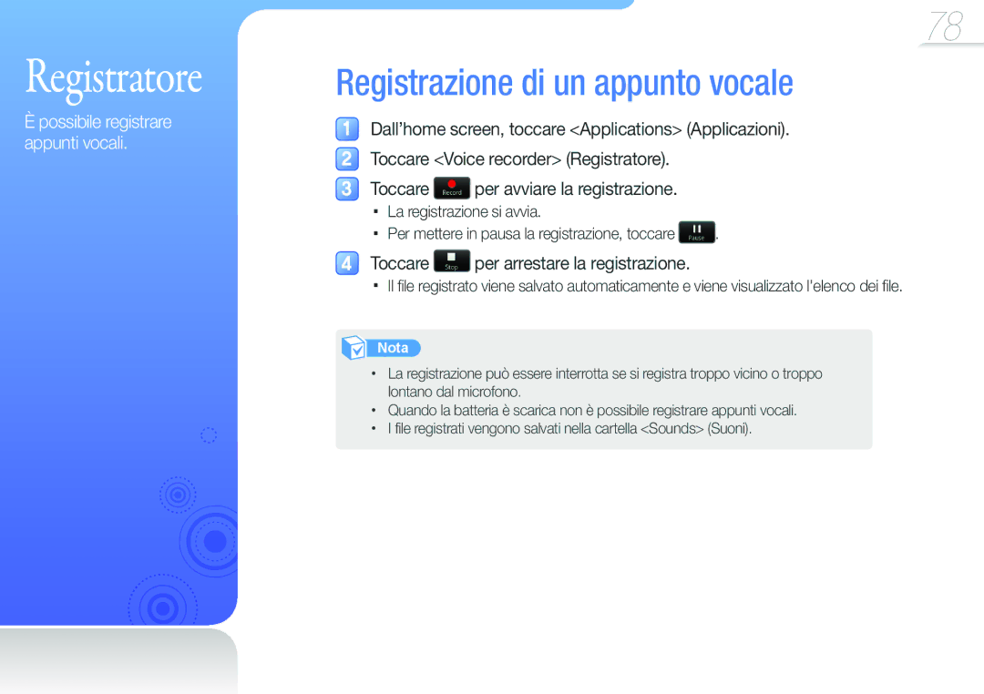 Samsung YP-G50CW/EDC manual Registratore, Registrazione di un appunto vocale, Toccare per arrestare la registrazione 