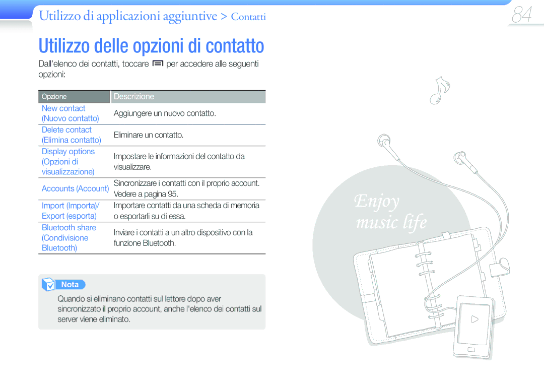 Samsung YP-G50CW/EDC, YP-G50CW/XEU manual Utilizzo delle opzioni di contatto, Utilizzo di applicazioni aggiuntive Contatti 