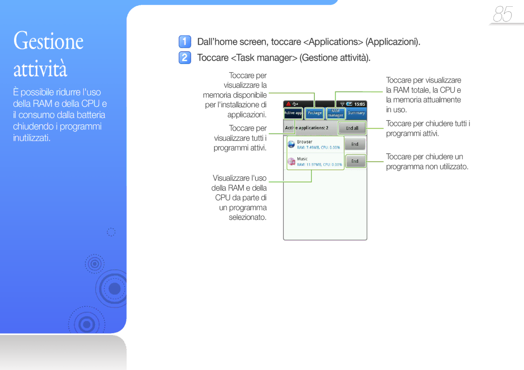 Samsung YP-G50CW/XEU Attività, Toccare Task manager Gestione attività, Toccare per chiudere tutti i programmi attivi 