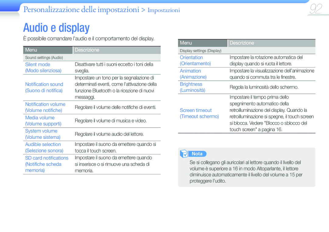 Samsung YP-G50CW/EDC, YP-G50CW/XEU manual Audio e display, Possibile comandare laudio e il comportamento del display 