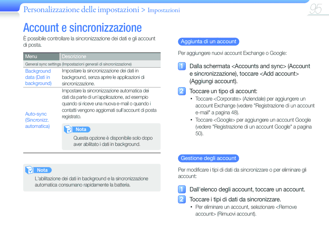 Samsung YP-G50CW/XEU Account e sincronizzazione, Aggiunta di un account, Per aggiungere nuovi account Exchange o Google 