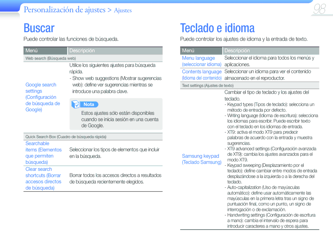 Samsung YP-G50CW/EDC manual Buscar, Teclado e idioma, Puede controlar las funciones de búsqueda 