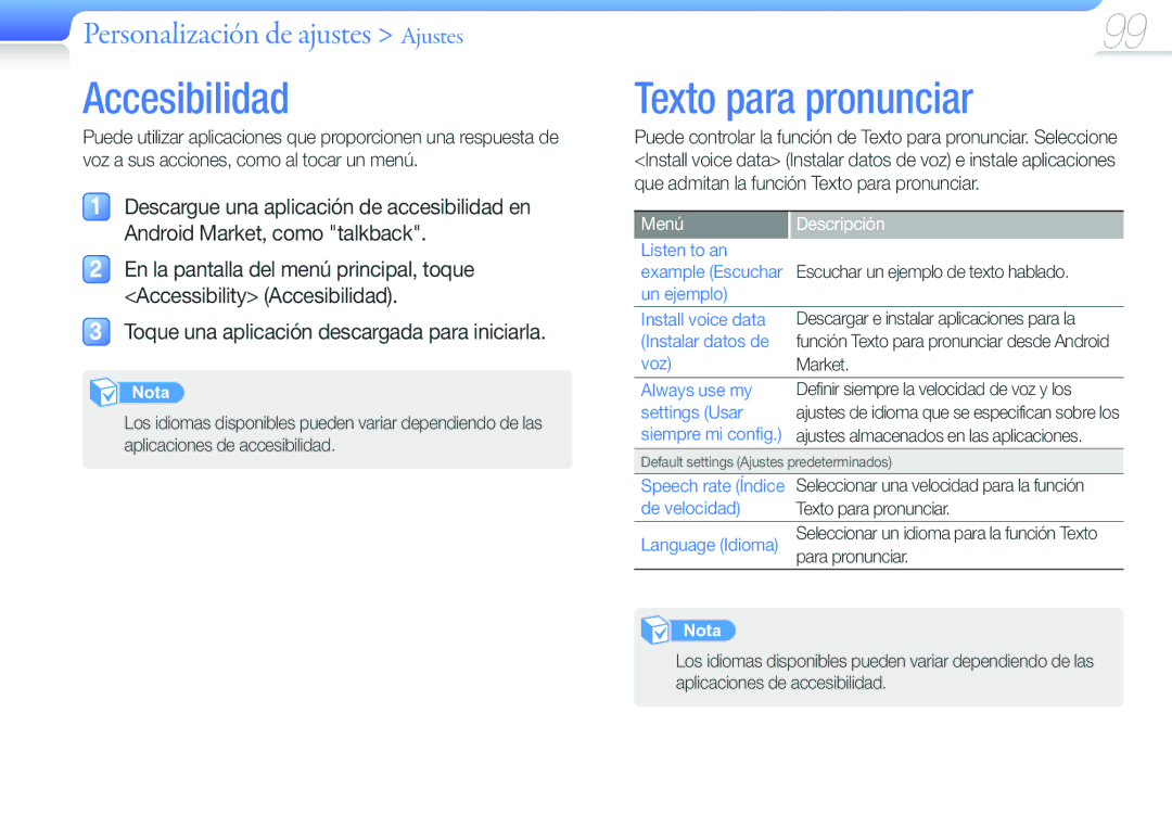 Samsung YP-G50CW/EDC manual Accesibilidad, Texto para pronunciar, Toque una aplicación descargada para iniciarla 